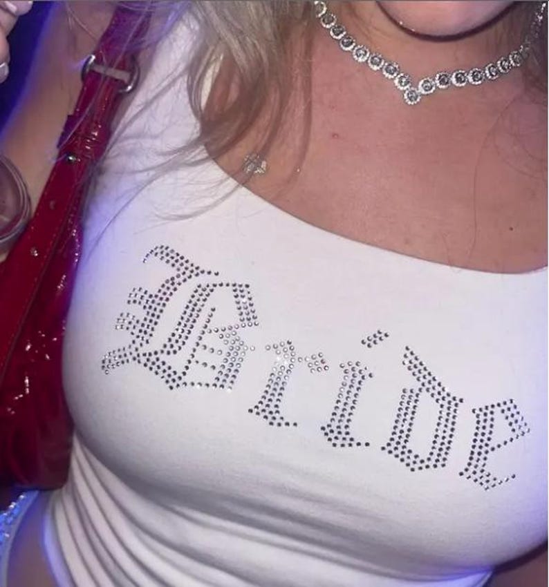 White top with 'Bride' lettering in 10ss crystal rhinestones