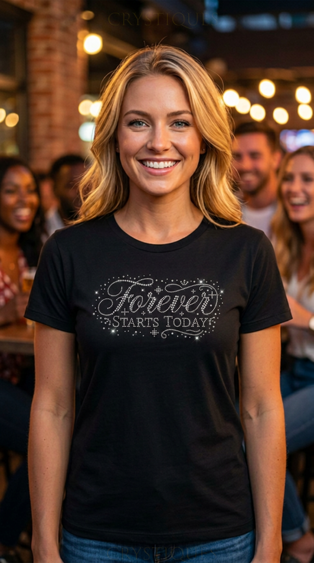 Custom rhinestone design 'Forever Starts Today' with scattered crystal rhinestone. Bride rhinestone transfer that is a perfect custom wedding or honeymoon gift for the bride to be. Make for a great inspirational custom design.  