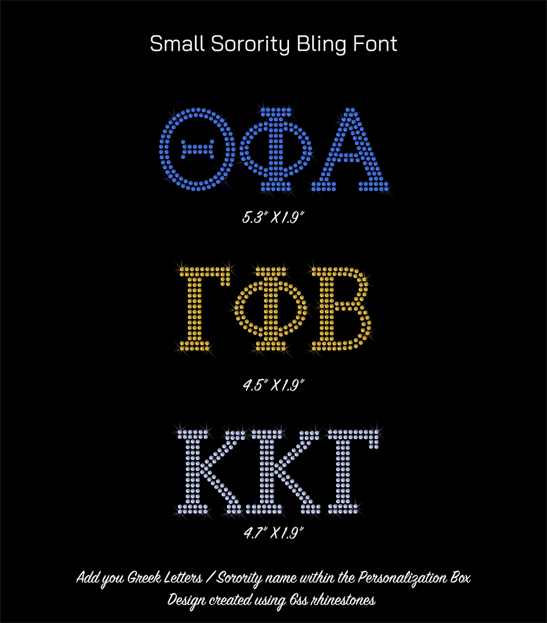 Small sorority custom rhinestone bling font with Greek letters on a black background