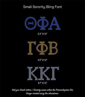 Small sorority custom rhinestone bling font with Greek letters on a black background